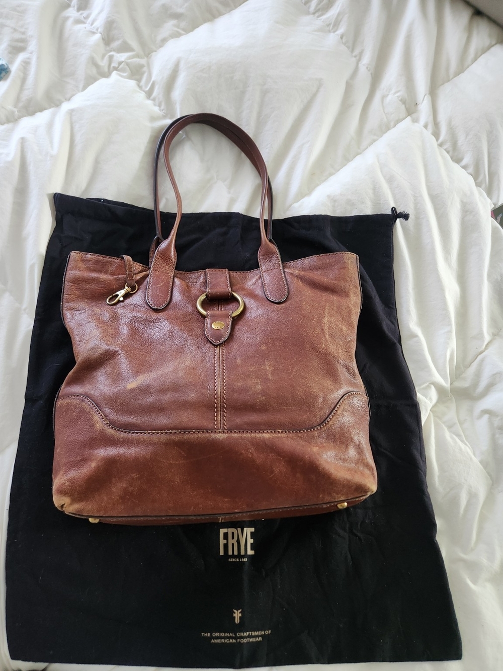 FRYE Cognac Brown Leather Ring Tote Handbag Purse Bag Carryall Large